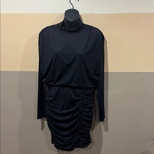 Chic Black Long Sleeve Ruched Bodycon Mini Dress size L